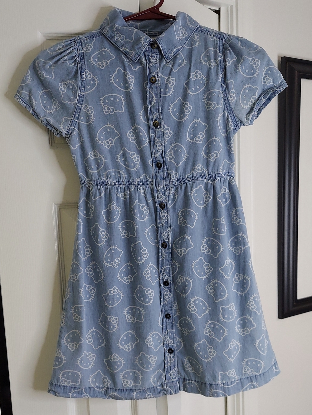 Hello Kitty Dress, Size 7, Blue Cotton, Front Buttons, Kitty Faces